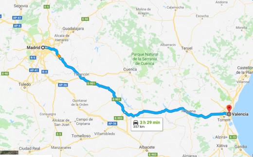 Маршрут от Валенсии до Мадрида 357 км